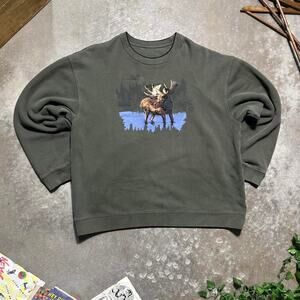 Green Brown and Blue Moose Embroidered Crewneck Mens XL Animal Print Sweatshirt